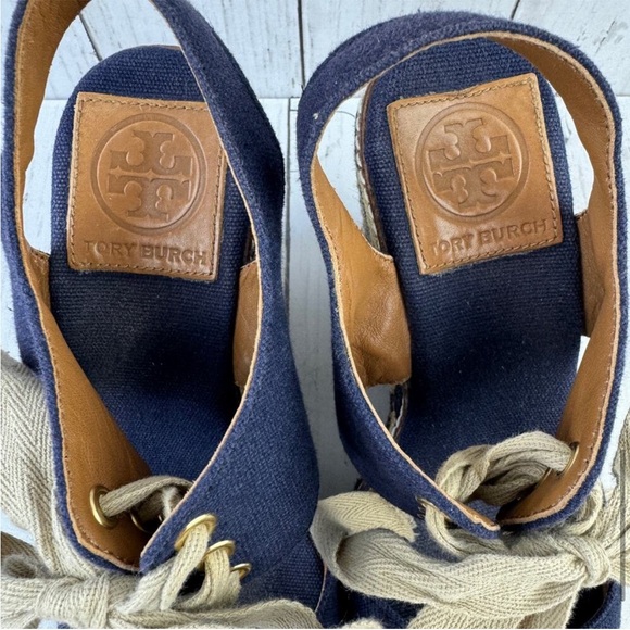 Tory Burch Navy Blue Linley High Open Toe Tie Front Espadrille Wedge Size 5 - Picture 10 of 12